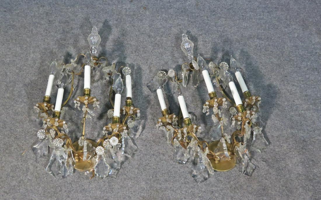 PAIR BRASS & GLASS CANDLEABRA SCONCES (1 of 9)