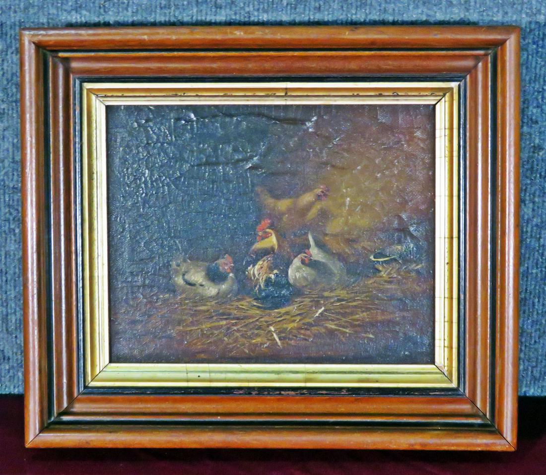 SIGNED OIL PAINTING CHICKENS & ROOSTERS (1 of 6)