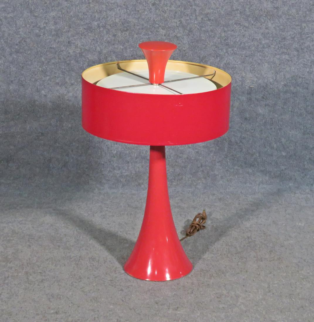 RED SPACE AGE MODERN LAMP: Red. Metal frame. 25 1/2" h x 14 7/8" diameter (shade) x 7 1/4" diameter (base).