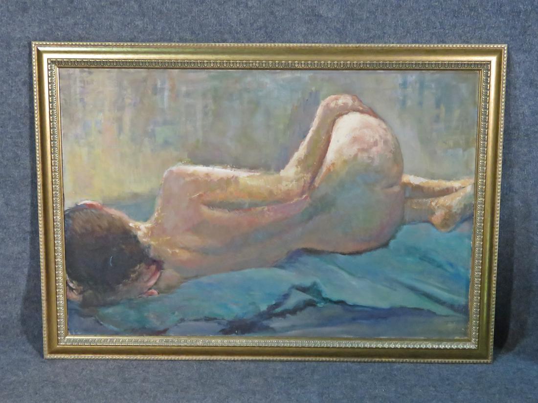 RECLINING NUDE OIL ON CANVAS PAINTING: On canvas. Framed measures 28 1/4" h x 40 1/4" w x 1 1/2" d. Picture measures 36" h x 24" w.