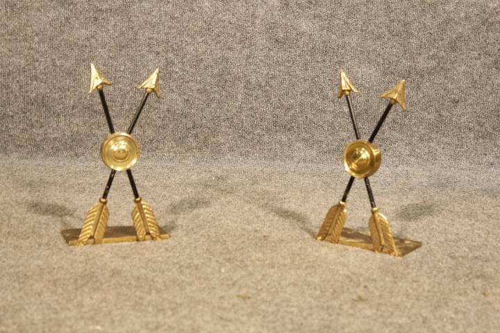 DIRECTOIRE STYLE BOOKENDS: Mixed metals. Arrow figural. 9 3/8" h x 5 3/8" w x 2 3/4" d.