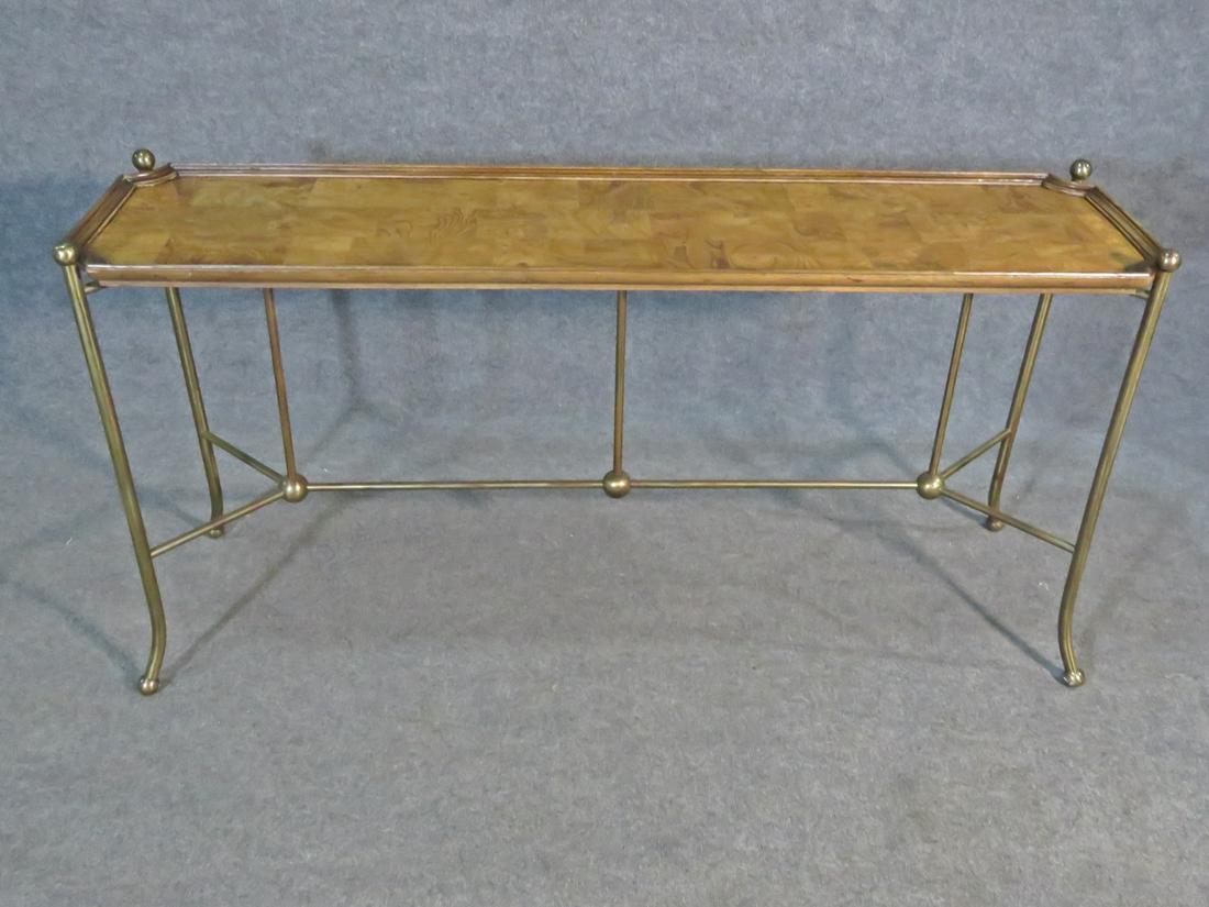 MASTERCRAFT STYLE BURL TOP CONSOLE: Brass frame. Burl top. 26 1/4" h x 54 3/8" w x 15 3/8" d.