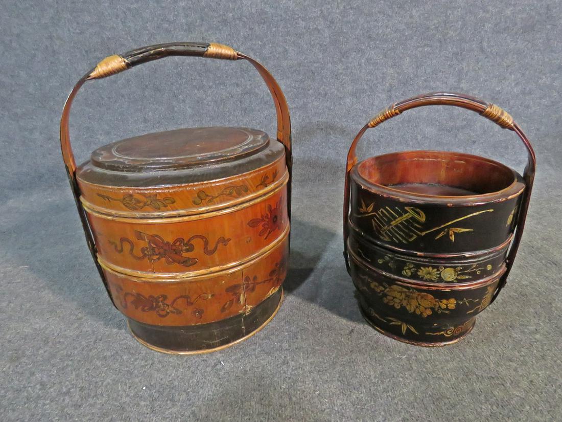 PAIR ASIAN HAND PAINTED WOOD BASKETS (1 of 18)
