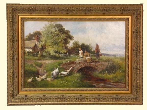 HENRY JOHN YEEND KING PAINTING "FEEDING THE GEESE": Oil on canvas. Excellent condition. Document with record of professional restoration work. 14" x 21". Part of a collection from a prominent home in Sewell NJ.
