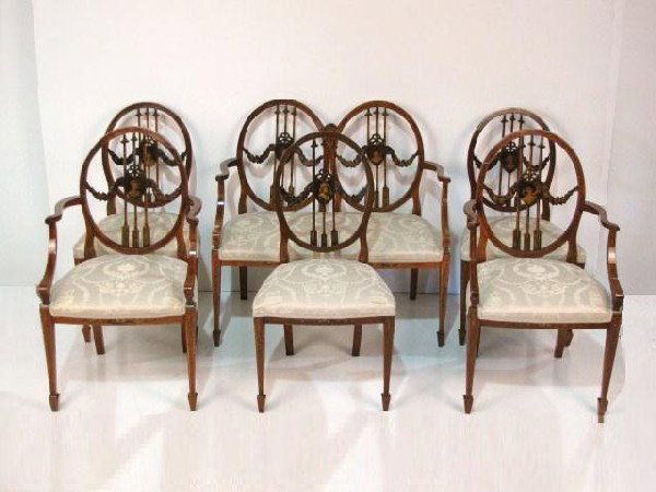 6 pc. PAINT DECORATED SATINWOOD SALON SALON SET: Settee, 2 armchairs and 3 side chairs. Very good condition with some minor restorations. Part of a collection from a prominent home in Sewell NJ.
