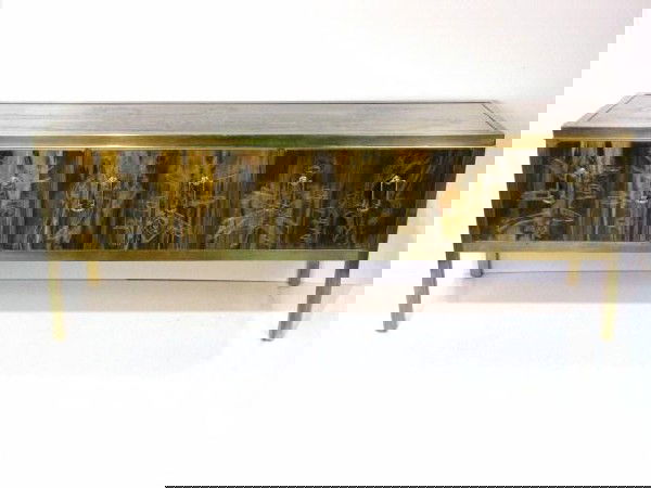 BERNHARD ROHNE MASTERCRAFT SIDEBOARD: Acid etched brass. Signed Bernhard Rohne. Excellent condition. 78 1/4"h. x 21 1/2"w. x 30"d.