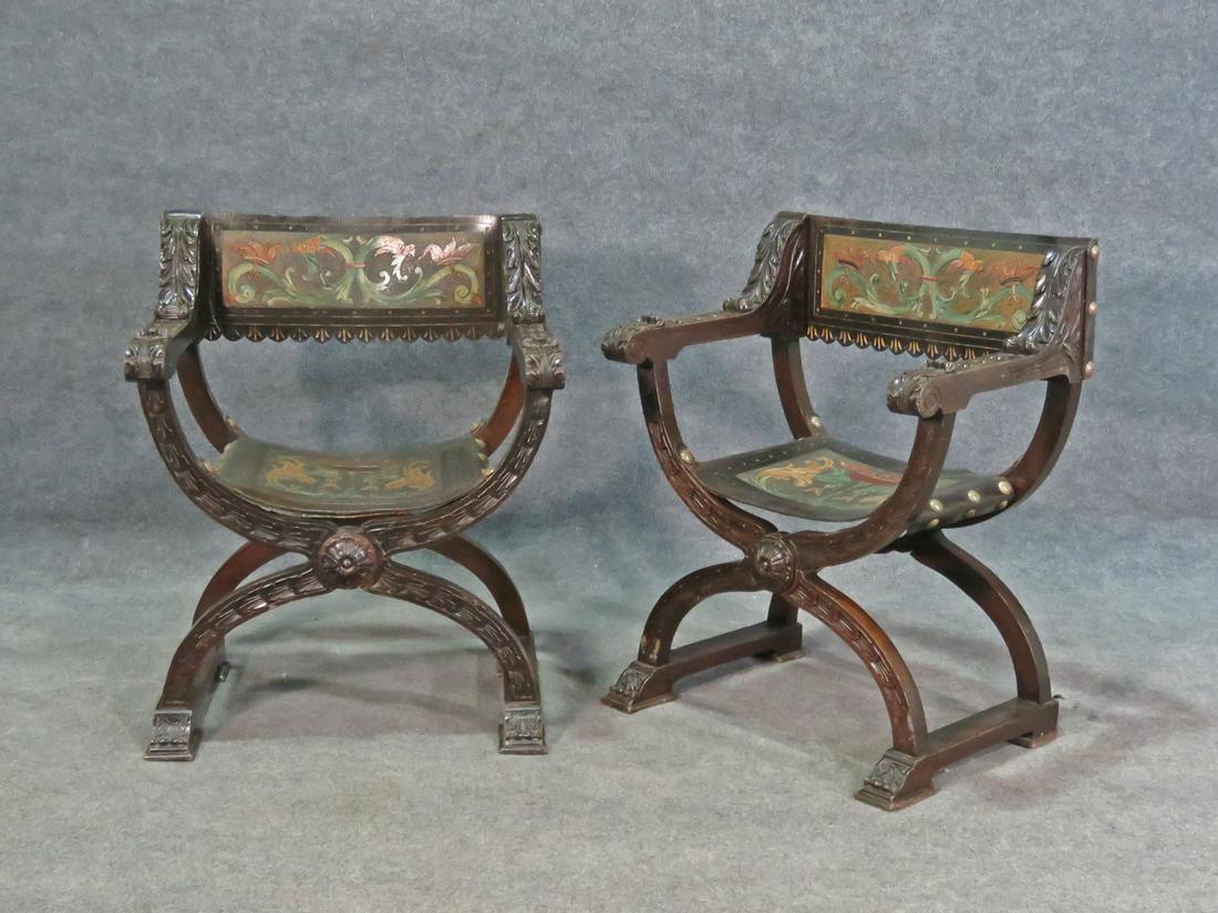 PAIR CARVED SAVONAROLA CHAIRS (1 of 9)