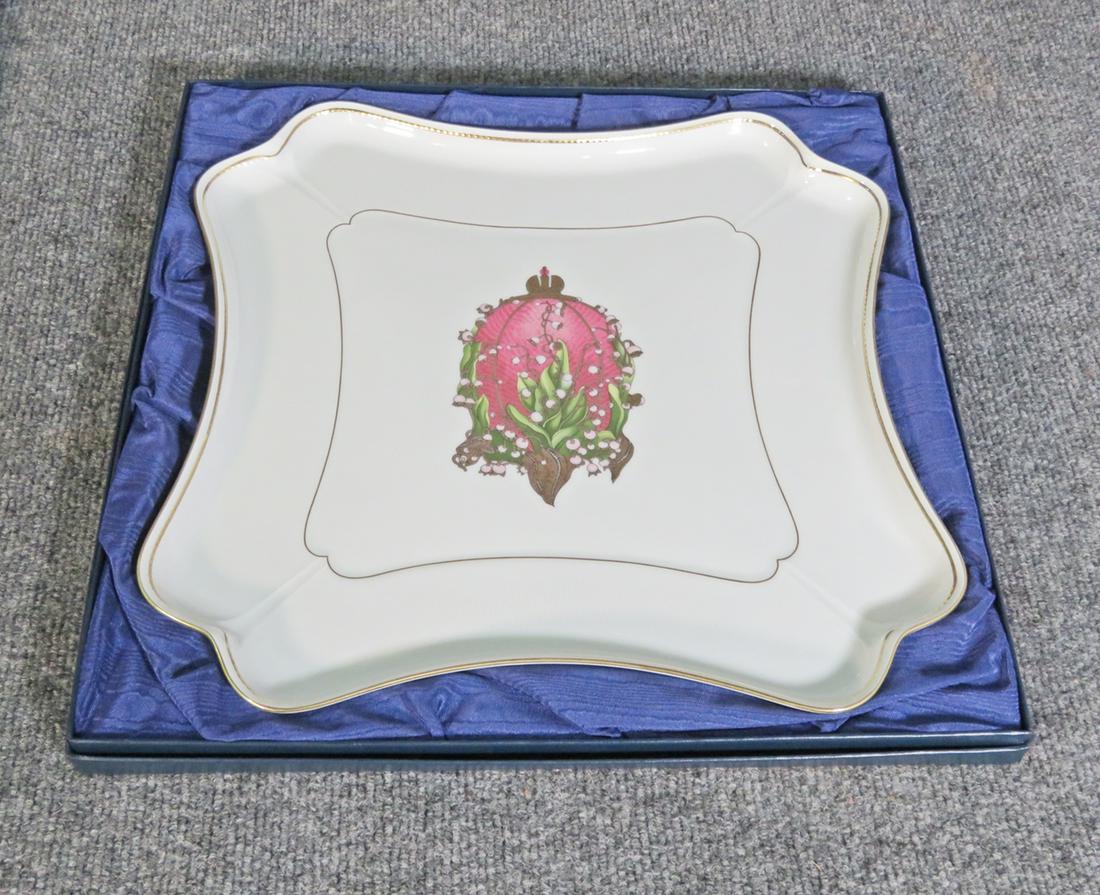 FABERGE LILLIES OF THE VALLEY EGG PLATTER: Late 20th century mfg. Made by Limoges France. Boxed. 3/4" h x 14" w x 14" d.