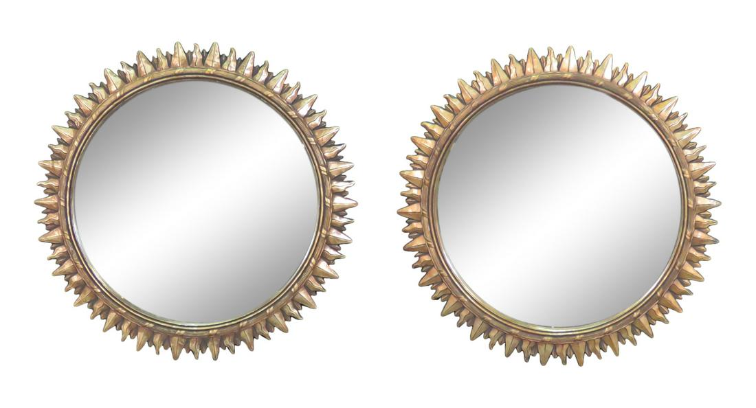 PAIR SUNBURST MIRRORS: Gilt painted. 21 3/8" diameter.
