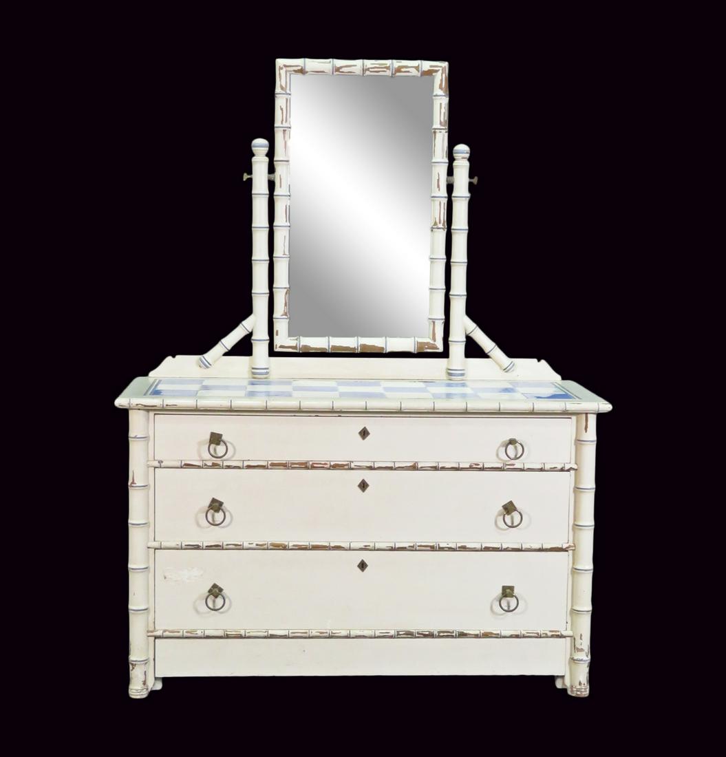FAUX BAMBOO TILE TOP DRESSER WITH MIRROR (1 of 10)