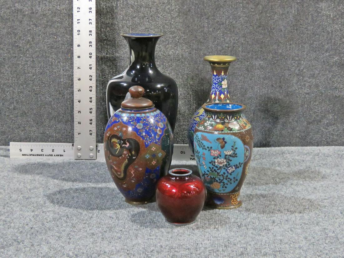 4 CLOISONNE VASES ONE CLOISONNE LIDDED JAR (1 of 8)