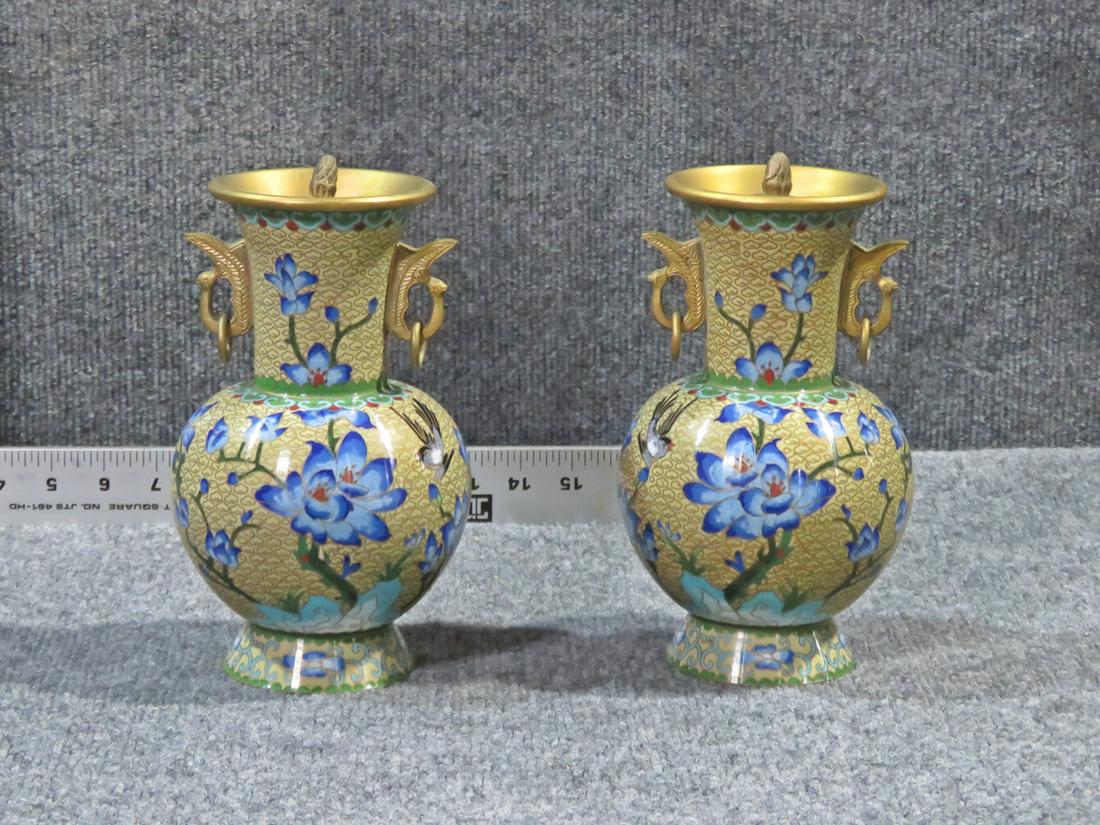 PAIR 2 HANDLED CLOISONNE LIDDED VASES (1 of 6)