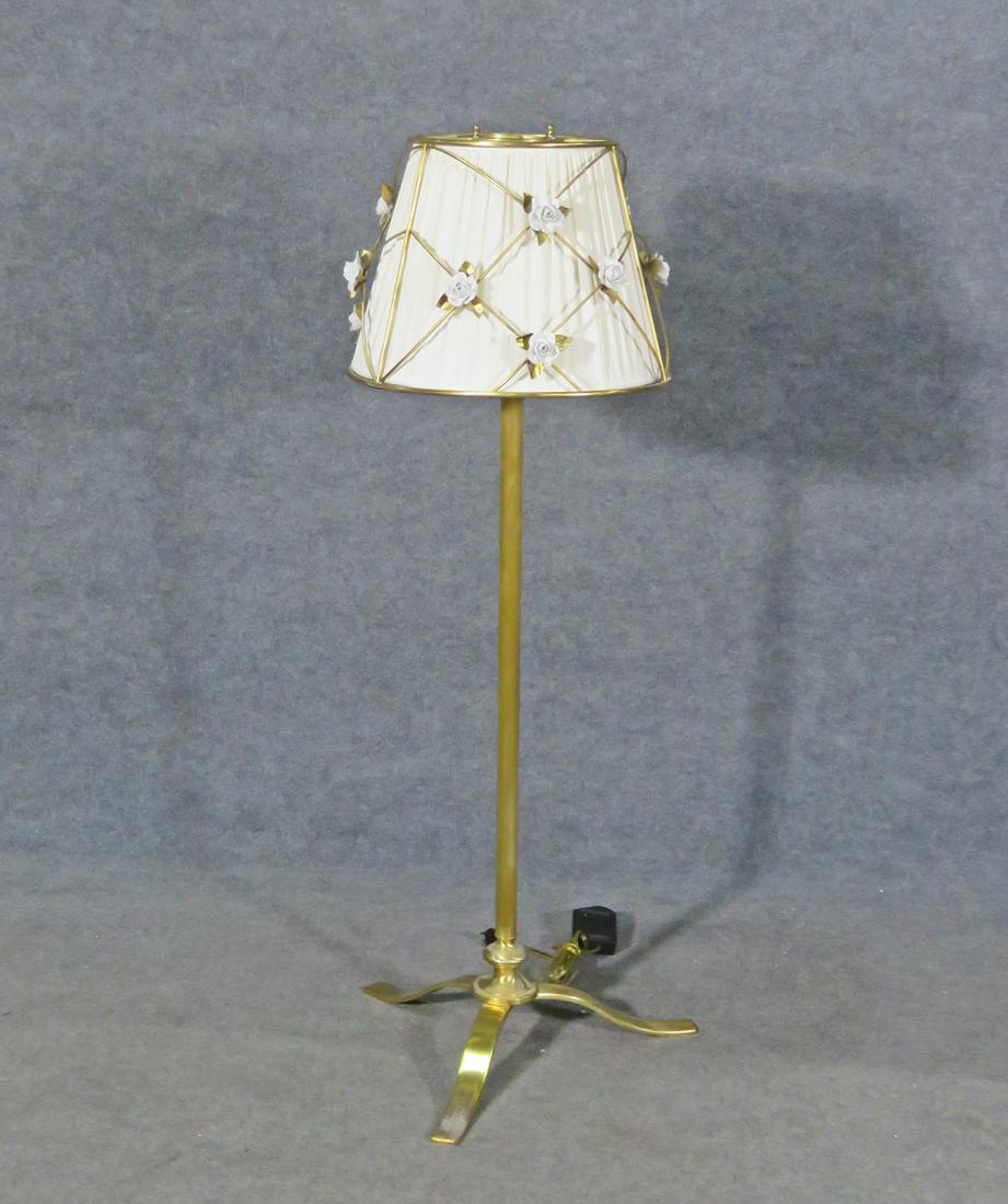MANGANI ITALIAN ANTIQUE BRASS & PORCELAIN FLOOR LAMP: Porcelain flower detail. Adjustable height. 20" diameter.