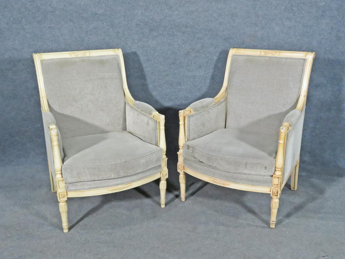 PAIR ANTIQUE BERGERES: Upholstered seat back and sides. Carved wood frame. 35" h x 24 3/4" w x 29" d x 16" seat height.