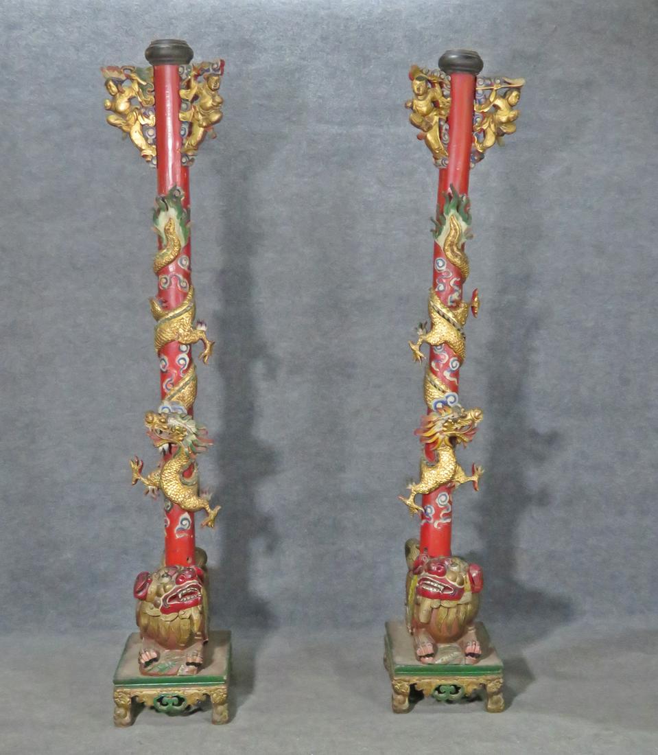 PAIR ASIAN CARVED FIGURAL TOTEM POLES (1 of 19)