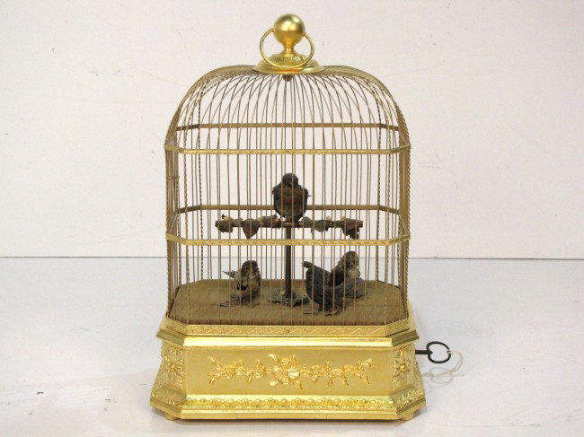 RARE ANTIQUE FRENCH BIRDCAGE AUTOMATON w/ 4 BIRDS: Very rare model with 4 singing birds. c. 1900. Birds sing and turn their heads. Working condition. Gilt wood and metal. 21 3/4"h. x 15 1/2"w. x 8 1/4"d.