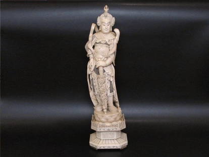 ANTIQUE CHINESE CARVED IVORY 28" IMMORTAL WARRIOR: Early 20th c. Very good condition. Signed on bottom. 28 1/2" including base.