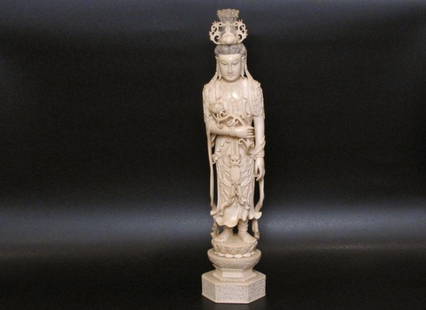 ANTIQUE CHINESE CARVED IVORY 21" FIGURE of GUANYIN: Early 20th c. Very good condition. 25" including base.