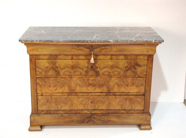 19th c. BIEDERMEIER BURL WOOD MARBLETOP COMMODE: Age splits on side. Wormholes. Very good condition for age. 37"h. x 51 1/4"w. x 24"d.
