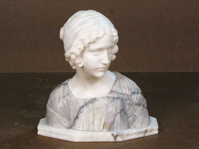 ALABASTER & MARBLE BUST of MIGNON: Very good condition with minor edge chips. 14"h. x 14"w. x 7"d.