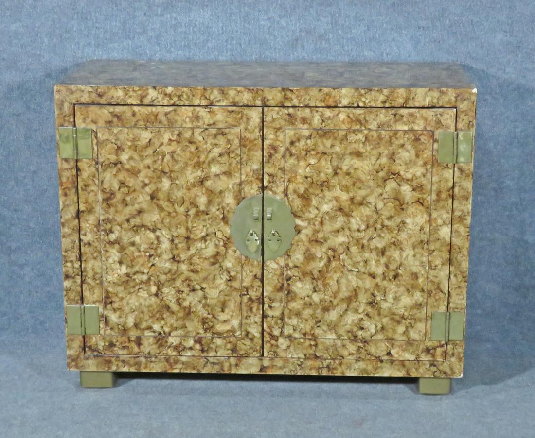 HENREDON FAUX TORTOISE FINISH CABINET: Henredon. 2 doors containing 1 drawer and one shelf. Brass hardware. 31 1/4" h x 39 1/8" w x 18" d.