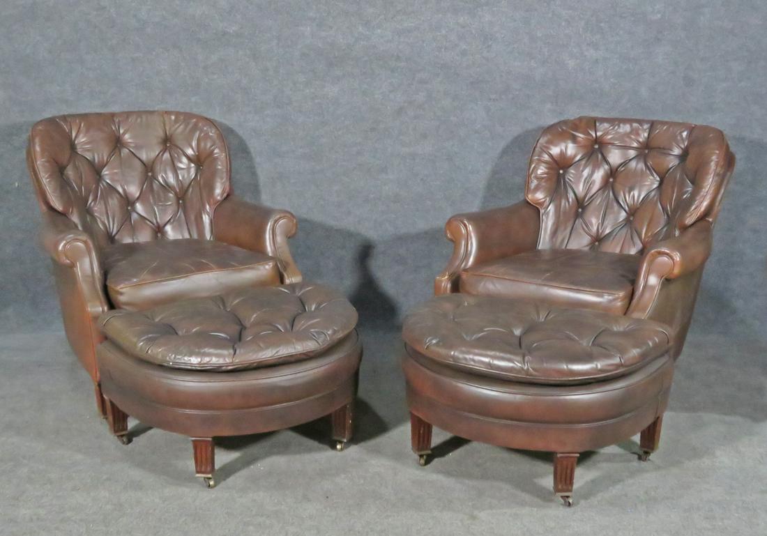 PAIR CLASSIC MFG LEATHER CLUB CHAIRS W/OTTOMANS (1 of 17)