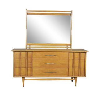 MID CENTURY MODERN KENT COFFEY TRIPLE DRESSER W/MIRROR: Kent Coffey. Walnut. 9 dovetail drawers. 66 5/8" h x 64" w x 21" d.