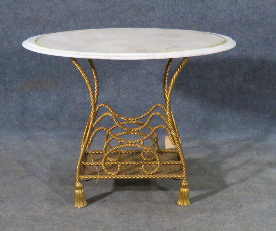 ITALIAN ROPE TWIST MARBLE TOP CANTERBURY: Rope twist. Marble top. Italian. Gilt. 24 3/4" h x 31 3/4" w x 20 5/8"d.