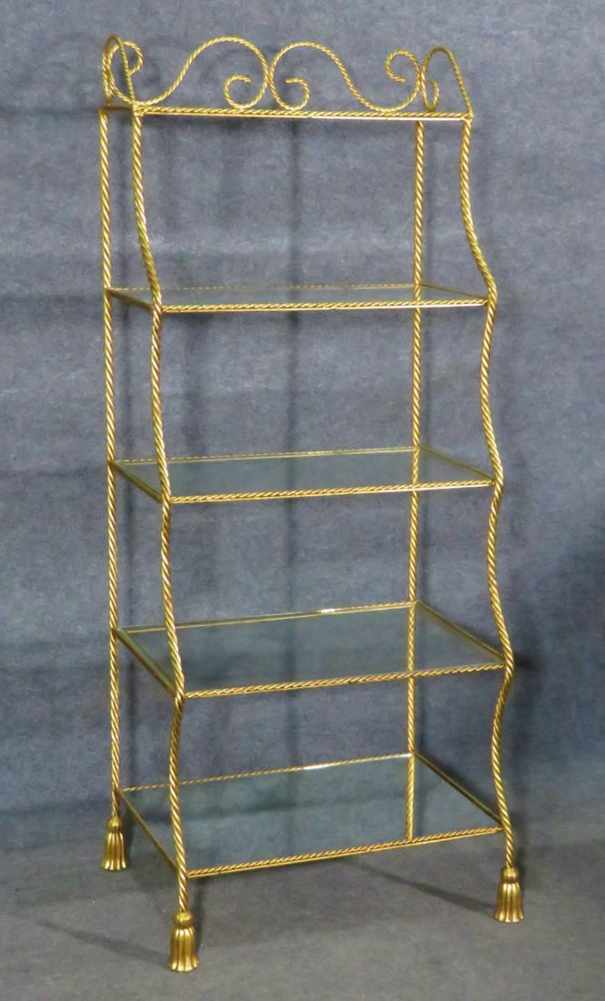 ITALIAN ROPE TWIST ETAGERE: Gilt. Rope twist. 5 glass shelves. 58 7/8"h x 24"w x 17 1/4"d