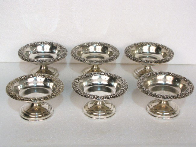 6 KIRK & SON STERLING SILVER REPOUSSE SHERBETS: Very good condition. One monogrammed. 2 3/4"h. x 5" diameter. 24.6 troy oz.
