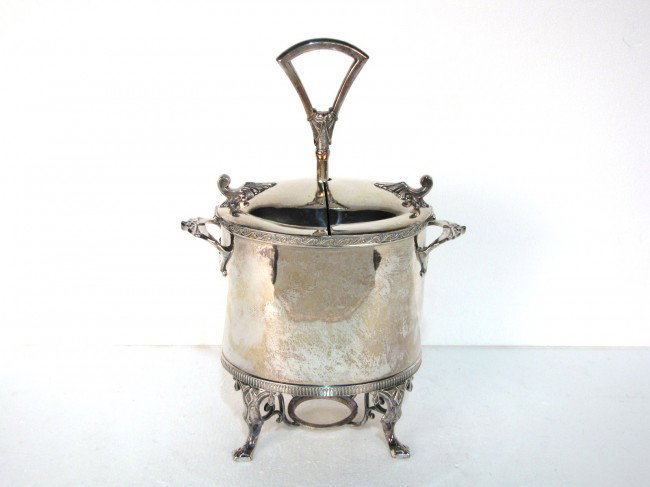 MERIDEN SILVERPLATE EGG CODDLER: Very good condition. No monogram. 13 1/2"h. x 10"w. x 5 1/2"d.