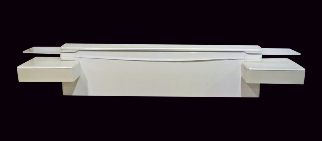 ROUGIER HEADBOARD: Rougier. Attached nightstands on each side containing one drawer. 26 1/2" h x 135 1/2" w x 20" d.