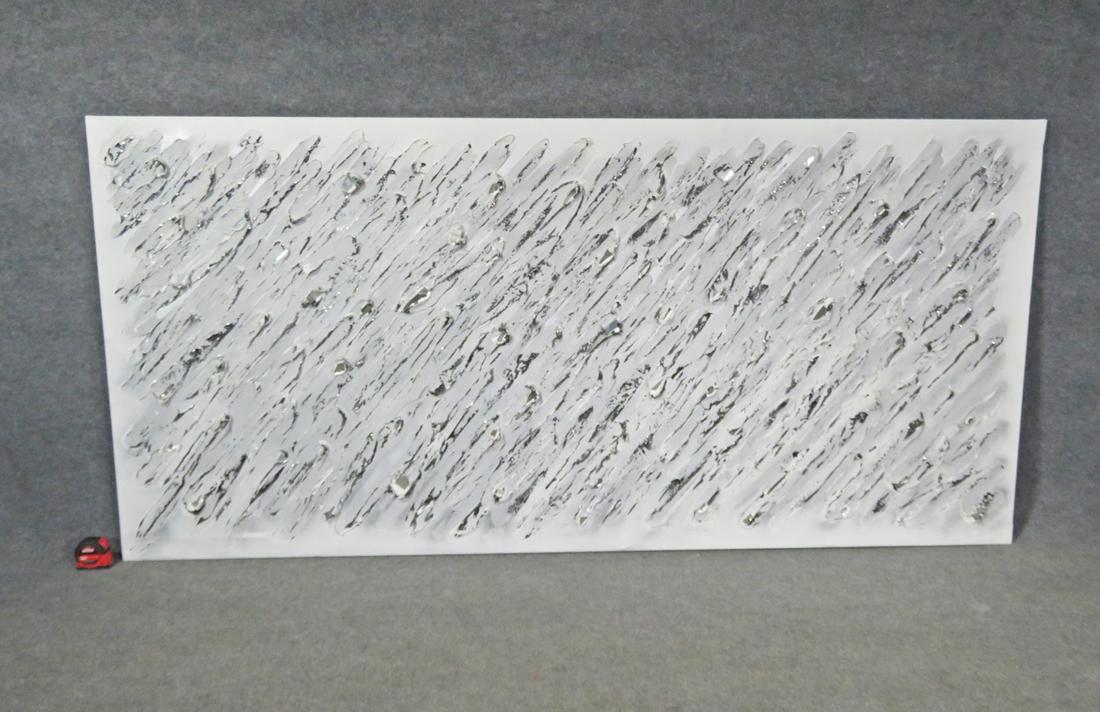 ABSTRACT COLLAGE ON CANVAS: Broken mirror collage. Abstract. Canvas. 48 1/4" h x 101" w x 3/4" d.