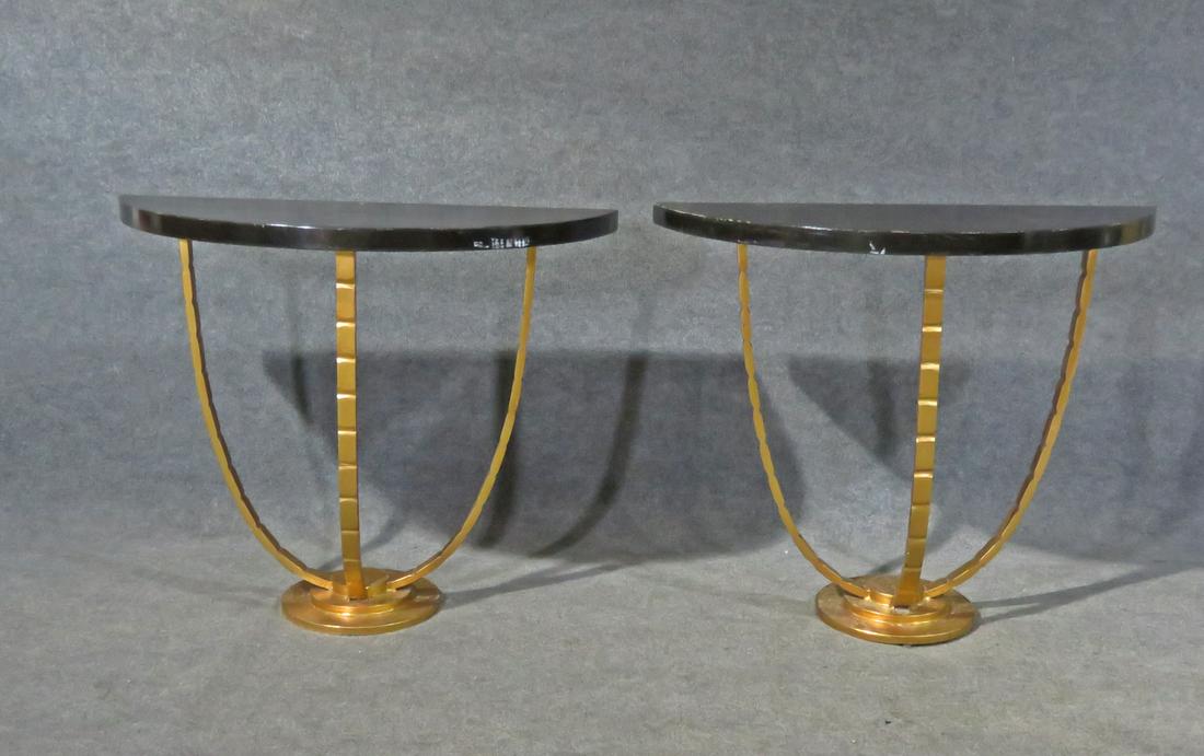 DECO STYLE DEMILUNE CONSOLE: Gilt base. Ebonized top. Demilune. 35 1/4" h x 43 3/4" w x 18" d.