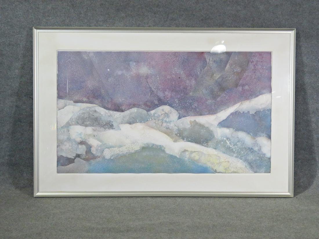 ELLEN HILL "COLORS OF WINTER" WATER COLOR: Ellen Hill. "Colors of Winter". Water color. Lacquer on paper. 41 3/8" h x 64 1/8" w x 1 1/2" d.