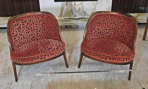 PAIR HARVEY PROBBER CLUB CHAIRS: Wood frames. Cut velvet upholstery. 28 1/2" h x 27" w x 25" d. Seat height 16".