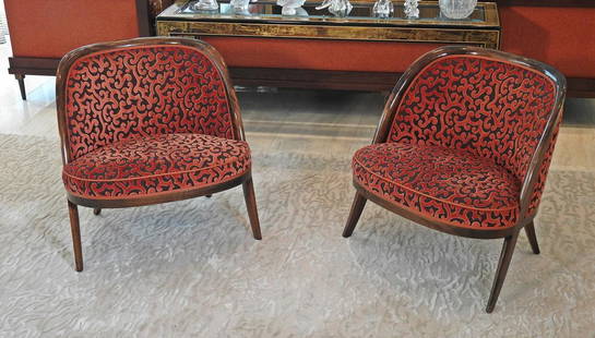 PAIR HARVEY PROBBER CLUB CHAIRS: Wood frames. Cut velvet upholstery. 28 1/2" h x 27" w x 25" d. Seat height 16".