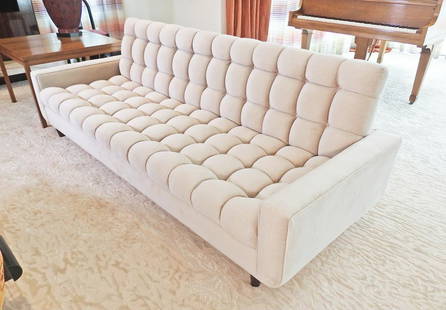 THE WILLIAM "BILLY" HAINES DESIGNS SOFA: Signed. Known as "Billie Haines". Beige velvet with cut velvet pillows. Tufted. 32" h x 96" w x 35" d. Seat height 16".