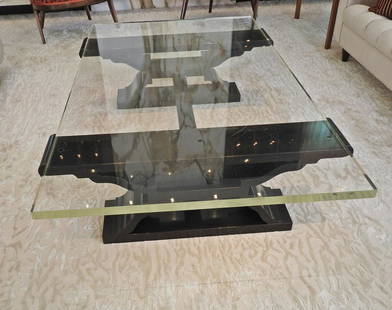 WILLIAM "BILLY" HAINES DESIGNER LUCITE TOP COFFEE TABLE: Purchased the same time as the sofas. Unsigned. Lucite top. Ebonized base. 16" h x 72" w x 43" d.