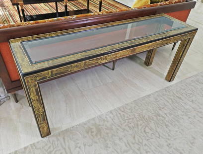 BERNHARD ROHNE FOR MASTERCRAFT CONSOLE: Beveled glass top. Acid etched. 26 1/4" h x 64" w x 18" d.