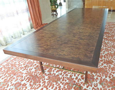 HARVEY PROBBER LARGE CUSTOM DINING TABLE: Custom. Olive and burl wood. Mahogany. Brass. 28 1/2" h x 120" w x 44" d.