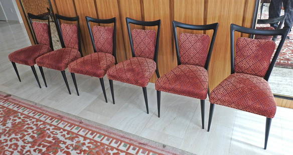 6 MELCHIORRE BEGA DINING CHAIRS: Mahogany frames. Cut upholstery. 37" h x 20" w x 21" d. Seat height 20".