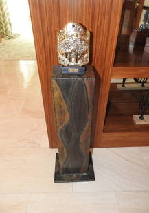 PAUL EVANS PEDESTAL: Paul Evans style. Mixed metal. 33 1/4" h x 12" w x 10" d.