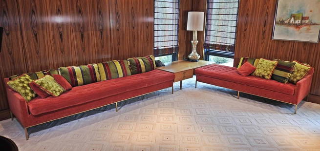 HARVEY PROBBER 2 PC SOFA W/COFFEE TABLE: Signed. Mahogany. Brass accents. Tufted upholstery. Table has 2 drawers. Long side measures 28" h x 108" w x 35" d. Seat height 18 1/2". Short side measures 28" h x 80" w x 35" d. Seat height 18 1/2".