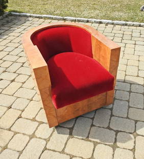 PACE MARIANI ART DECO SWIVEL LOUNGE CHAIR: Burl walnut. Mohair upholstery. Swivels. 27" h x 27" w x 34" d. Seat height 19 1/2".