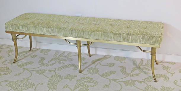 WILLIAM "BILLY" HAINES SIX LEG BENCH: Brass frame. Upholstered seat. Circa 1960's. 18 1/8" h x 60" w x 16" d.