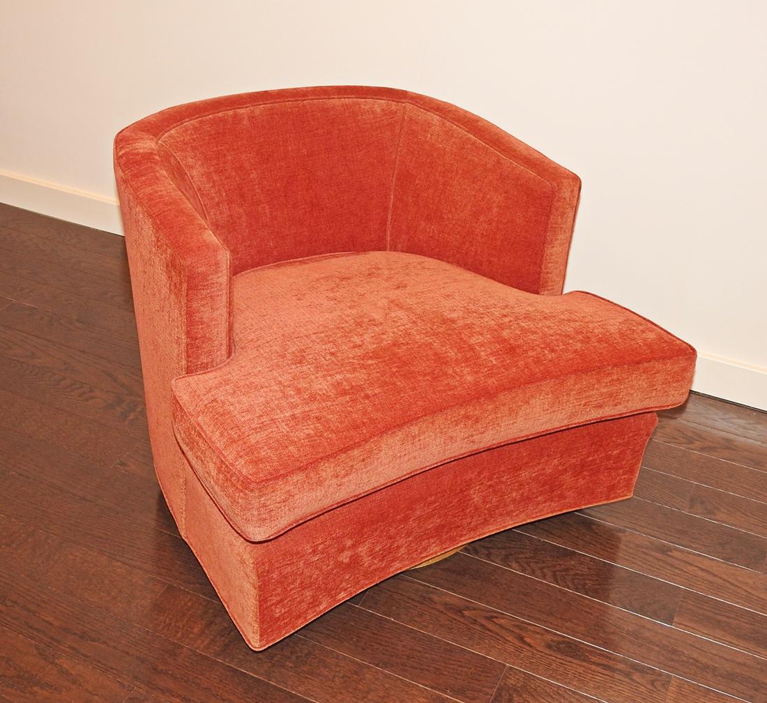 HARVEY PROBBER SWIVEL LOUNGE CHAIR: Mahogany frame. Upholstered. Swivels. 24 1/8" h x 32" w x 30" d.