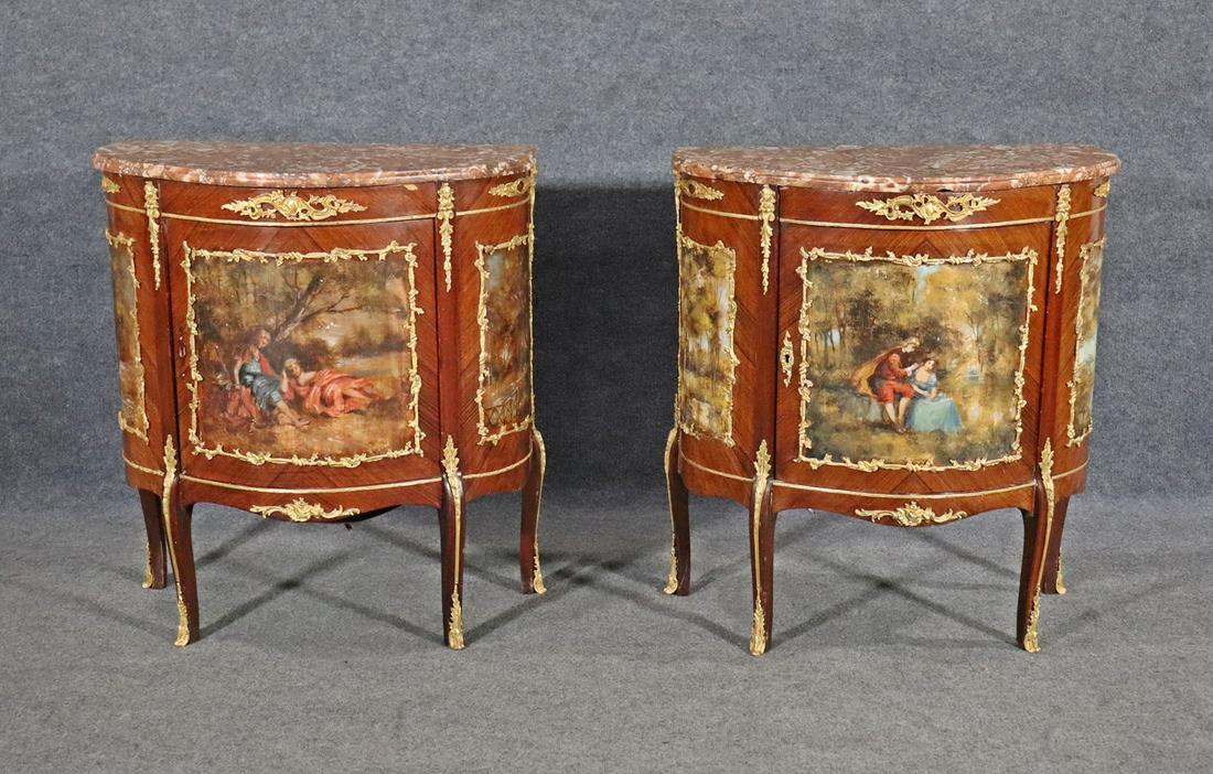 PAIR FRENCH MARBLE TOP DEMILUNE CONSOLES (1 of 15)