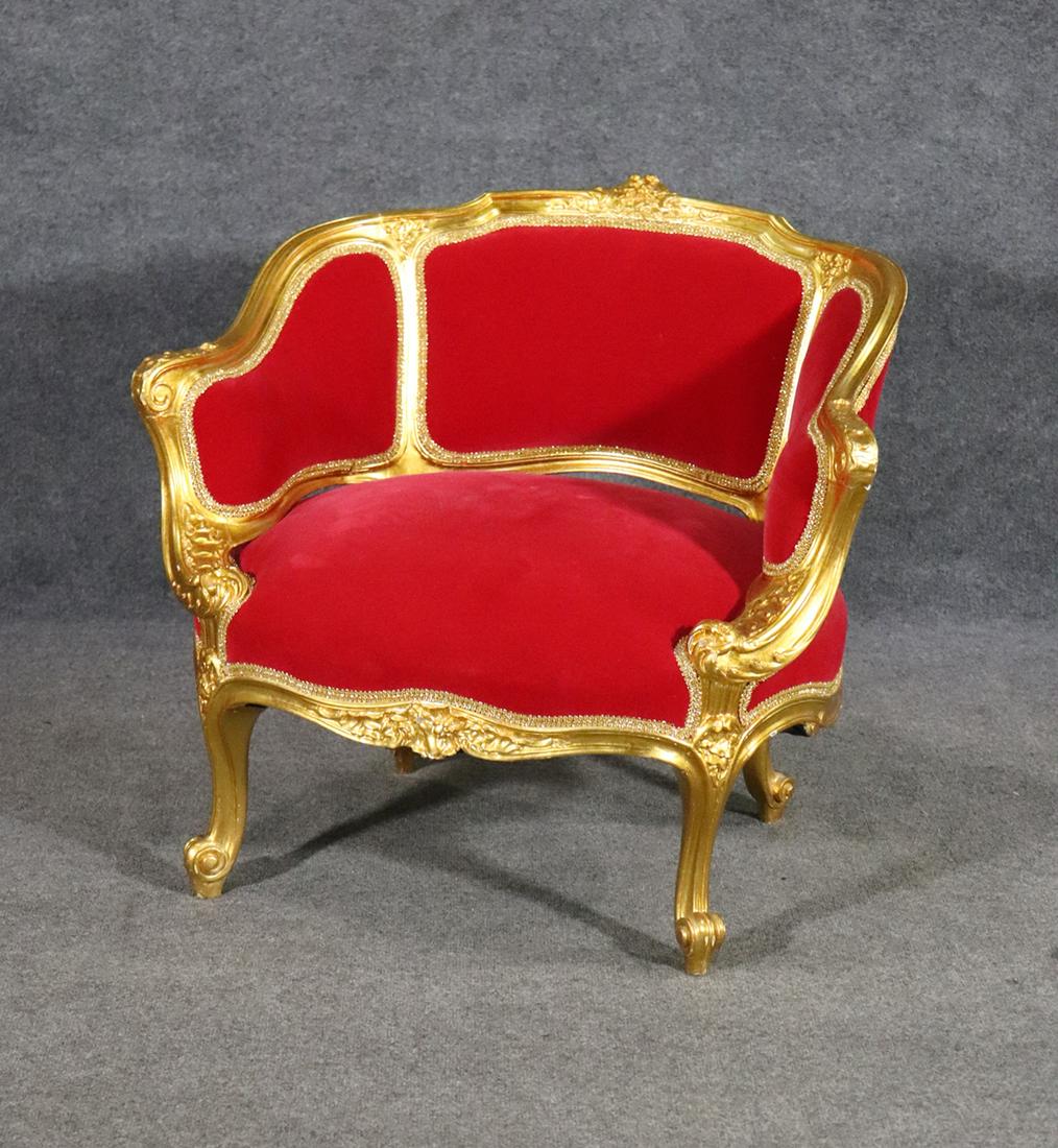 LOUIS XV STYLE BERGERE: Upholstered seat back and arms. Gilt frame and legs. 28 1/2" h x 31 1/2" w x 24 1/2" d. Seat height 16".