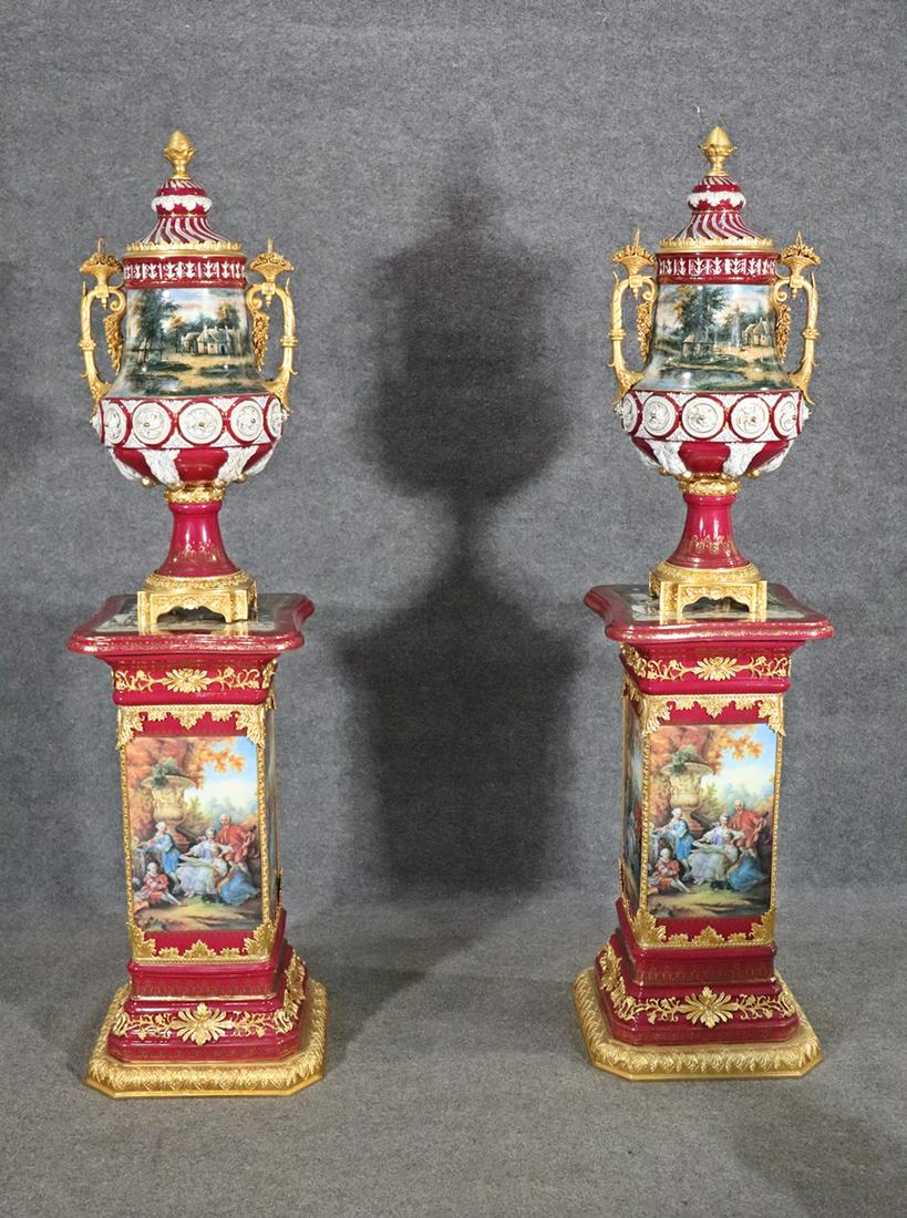 PAIR RUSSIAN STYLE PORCELAIN VASES ON PEDESTALS (1 of 17)
